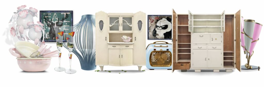 vintage Möbel Küchenschrank creme Küchensitzbank Truhenbank original Holz antik Mid Century