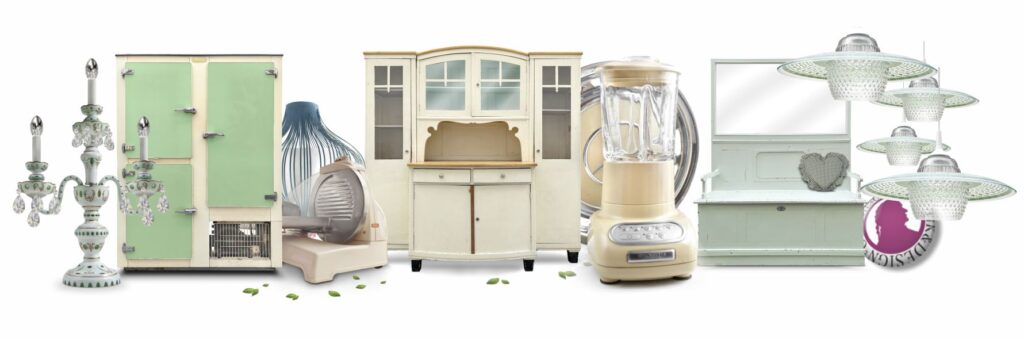 vintage Möbel Küchenschrank creme Küchensitzbank Truhenbank original Holz antik Mid Century