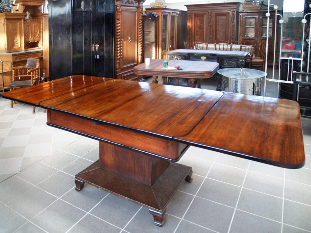 Restaurierter Tisch antik ausziehbar Massivholz Schelllackpolitur Klavierlack Jugenstil Kulissentisch ausziehbar G2065 Restaurator Möbel